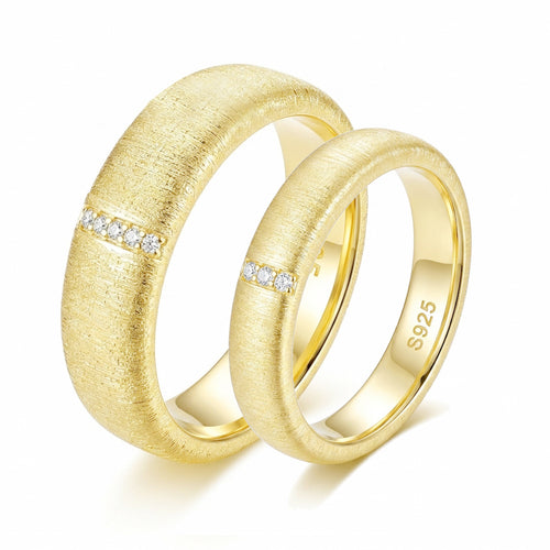 1.3mm Round Moissanite Wide & Narrow Brushed Band Ring 925 Sterling Silver Gold & White Gold Tone - Front View