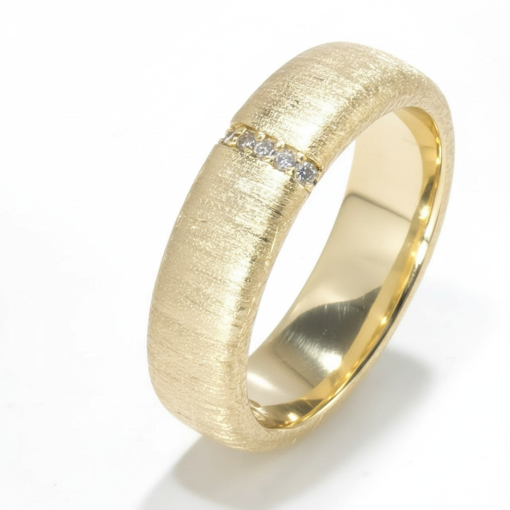 1.3mm Round Moissanite Wide & Narrow Brushed Band Ring 925 Sterling Silver Gold & White Gold Tone - White Background View